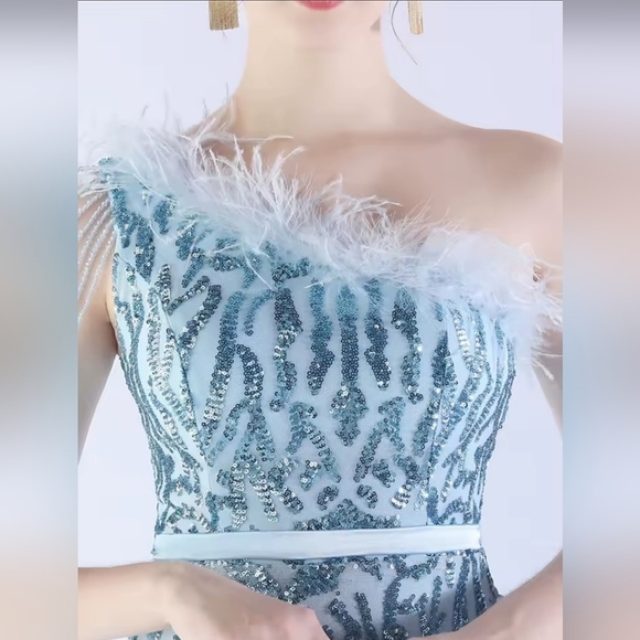 Blue, Geo Print, Assymmetrical Feather, Beaded,Slit Thigh, Sequined Mermaid Gown - Picture 4 of 12